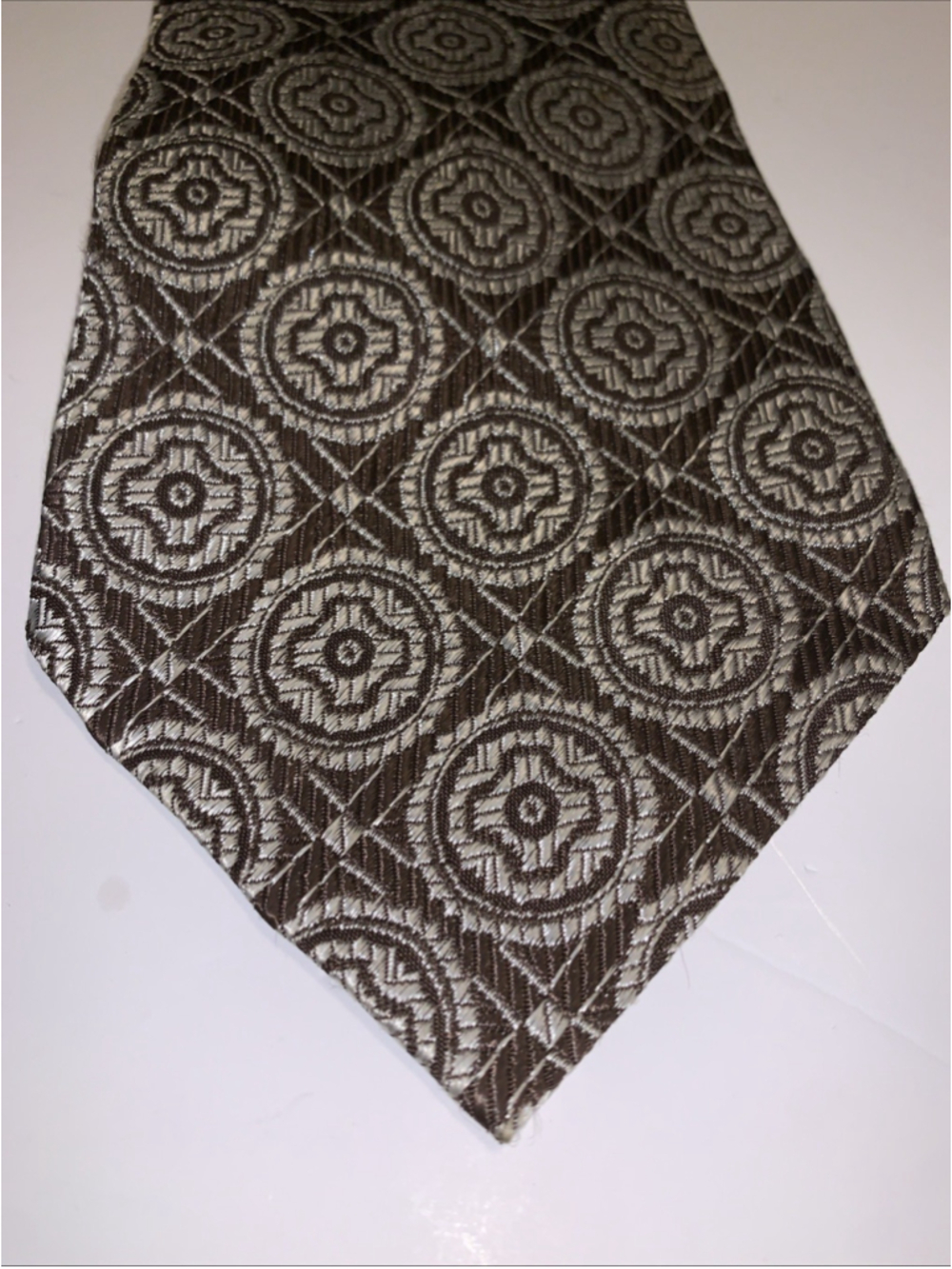 Rhodia Neck Tie Brown Silver Mens Pattern imported France 4” 55” Lengths Used